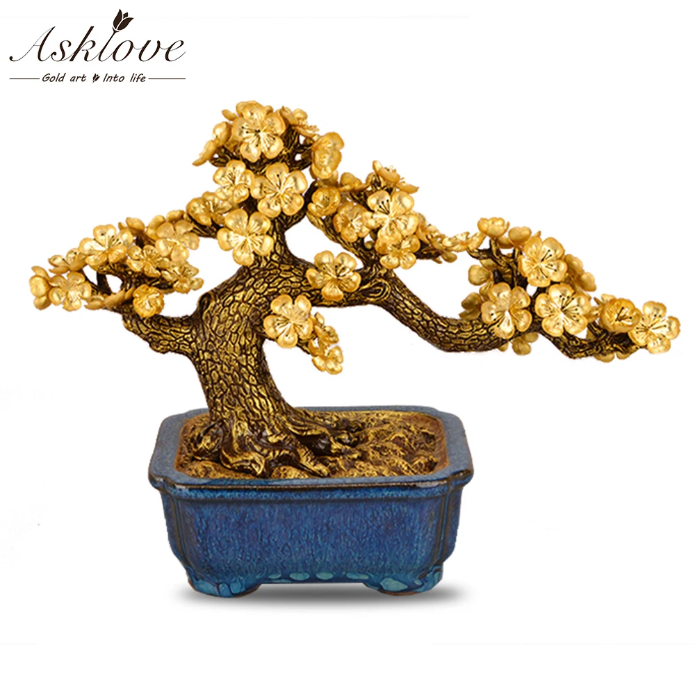 Feng Shui Plum Blossom Tree Artificial Plant Bonsai Gold Foil Ornaments
