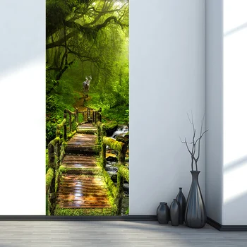 

PVC Wallpaper 3D Classic Primary Forest Wood Bridge Door Sticker Living Room Bedroom Home Decor Self-Adhesive Waterproof Murals