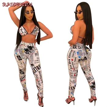 

RAISEVERN 2019 Women Autumn New Letter Newspaper Print Halter Bra Top & Skinny Pants Suit Two Piece Set Sporty Tracksuit Outfit