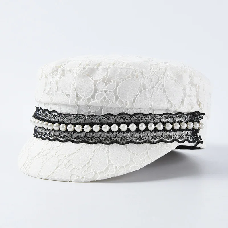 USPOP новые летние шапки для женщин, кружевные кепки newsboy с жемчужинами и плоским верхом, женские весенние шапки, лоскутные военные кепки - Цвет: Белый