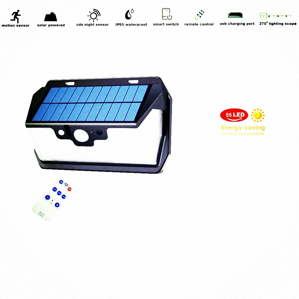 

55 leds Solar light remote control radar 3 side lighting usb port Outdoor Garden emergency security yard led lamp camps street w