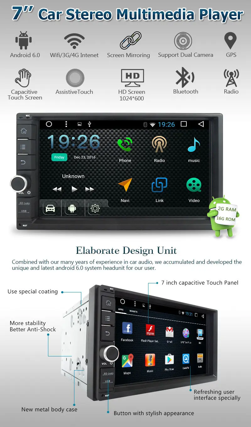 Best 7" Double 2DIN Car Stereo Android 6.0 Quad-Core CPU 2GB RAM GPS No-dvd DAB+ 3