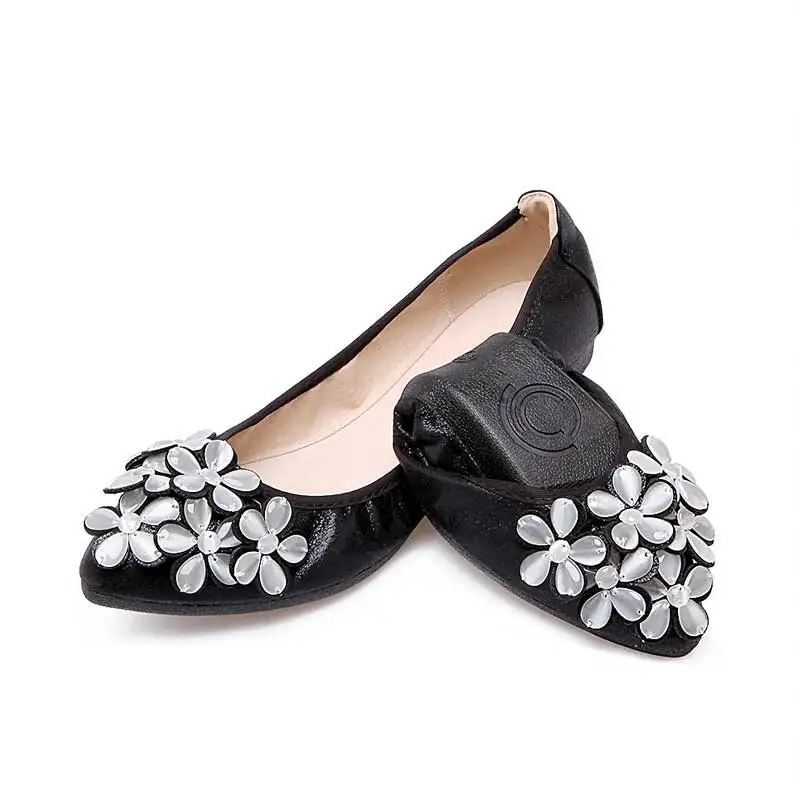 Весенняя модная женская обувь стразы складные балетки на плоской подошве; женские слипоны Повседневное походная обувь женская обувь, Большие размеры 34-43 - Цвет: 2471 black