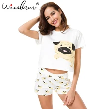 Cute Dog Pajama Set Women Pug Print 2 Pieces Set Crop Top + Shorts Elastic Waist Pajamas Loose Home Wear Lounge pyjamas S6801