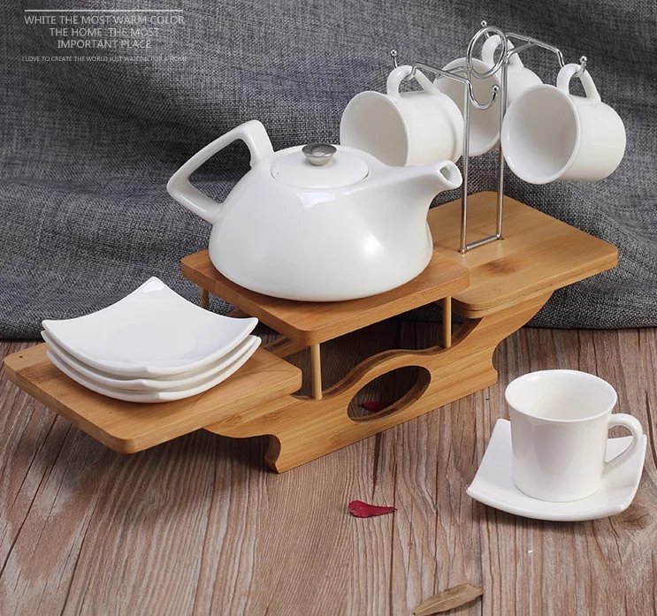 Hanging Ceramic Tea Cup and Pot Set with Bamboo Tray Decorative