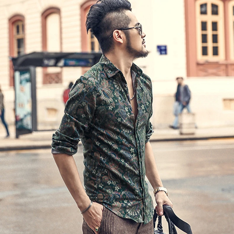 Beste Nieuwe afdrukken shirt mannelijke Britse mode leisure bloem shirt metroseksueel man lange mouwen katoen merk ontwerp slanke overhemd S2334 2