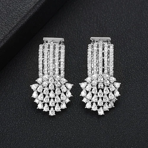 GODKI Exclusive Tassel Hoop Earring For Women Wedding Popular 3Tone Geometry Full Mirco Cubic Zircon Nigerian Hoop Earrings - Metal Color: C Silver