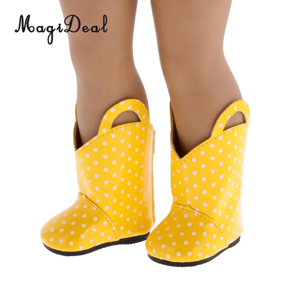 MagiDeal 1 Pair PU Leather Yellow Dots Zipper Back Boots Shoes for 18 Inch   Dolls Baby Outdoor Rain Wear Accs