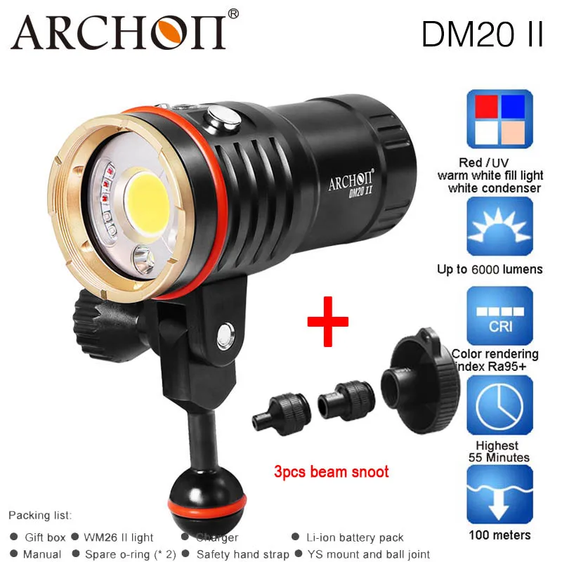 ARCHON DM20 WM26 DM20-II WM26-II Алюминий Водонепроницаемый XML2 U2 6000LM 4 цвета светильник оттенок Дайвинг светодиодный вспышка светильник фонарь+ 32650 Батарея - Испускаемый цвет: DM20-IIbatteybeamset