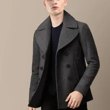 Сделанный на заказ зимний мужской шерстяной смешивание шерсти верхняя одежда отложной воротник с длинным рукавом двубортный короткий дизайн темно-синее шерстяное пальто