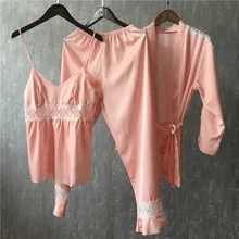 Пижамный комплект, шелковые пижамы, женские сексуальные кружевные длинные штаны, костюм, халаты, 3 предмета, Женский пижамный комплект, высококачественная одежда для сна