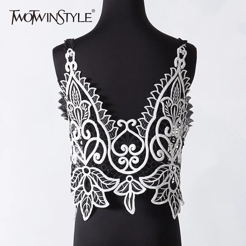 

TWOTWINSTYLE Embroidery Vest For Women Floral Hollow Out Sleeveless Spaghetti Strap Tops Female Summer Vintage Fashion Clothing