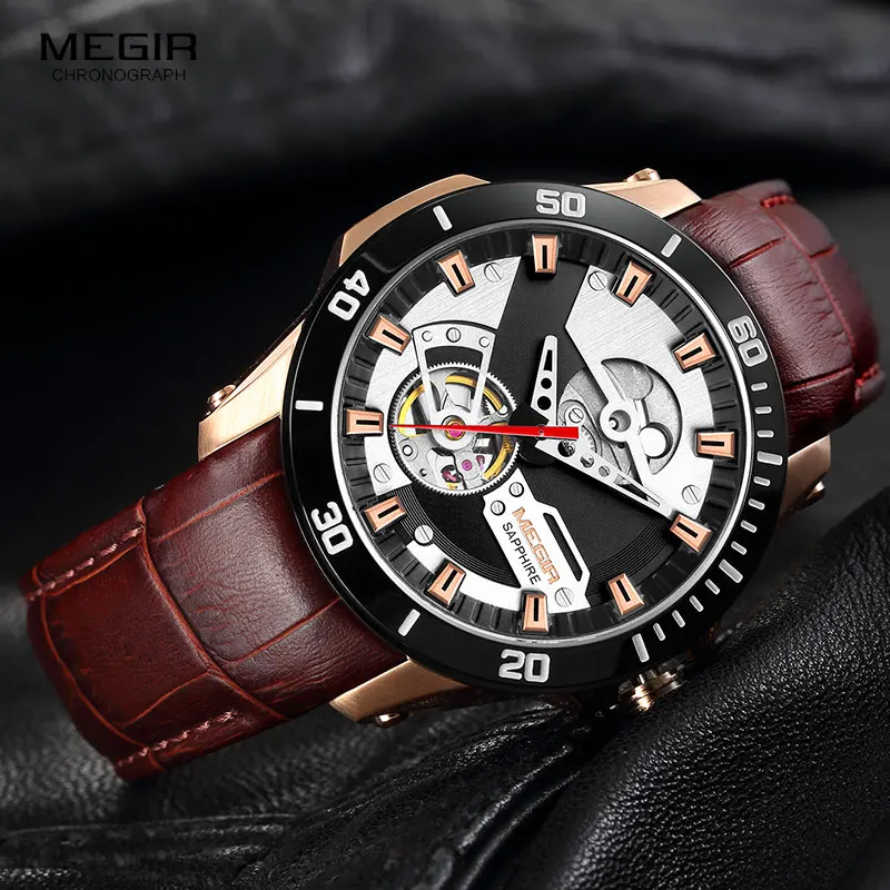 

MEGIR Men's Leather Sport Hand Wind Mechanical Watches Top Brand Luxury Waterproof Wristwatch Relogios Masculinos Clock 62069