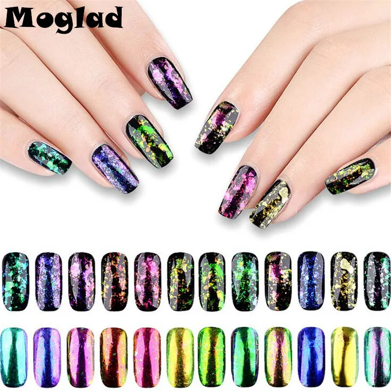 

Moglad 12box/set Transparent Flake Powder Chameleon Nail Art Glitter Mirror Powder New Colorful Nail Pigment Manicure tool