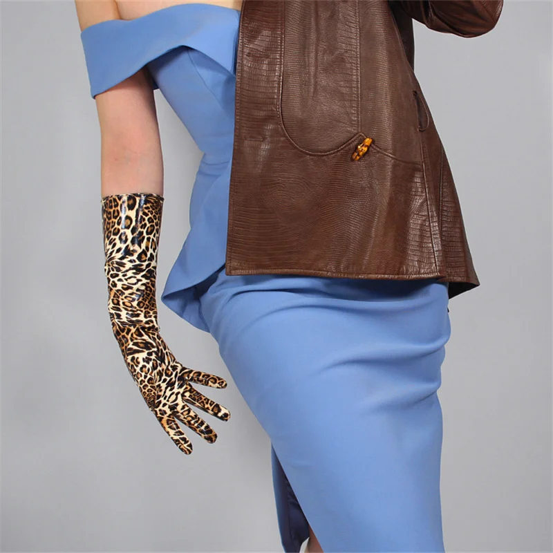

Medium long section Leopard Leather Gloves 40cm Patent Leather Simulation Leather PU Bright Leather Golden Brown Animal Pattern
