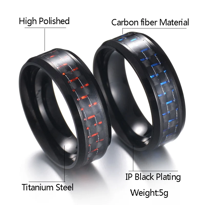 Титановые стальные черные мужские классные кольца из углеродного волокна Модные красные синие кольца ювелирные изделия Anel Masculino