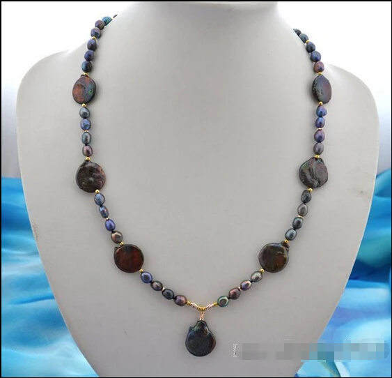 

Wholesale FREE SHIPPING 24" 18mm coin 8mm baroque black FW pearl necklace
