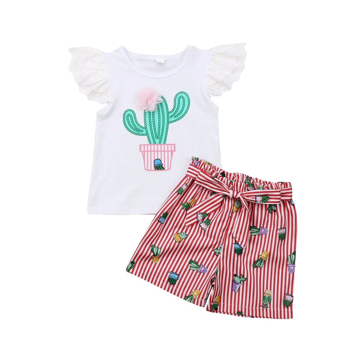 

Summer Toddler Kid Girls Clothing Set Flower Cactus Lace T shirts + Bow Shorts Girls Costumes Outfits