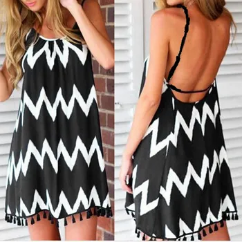 

Wave Pattern Dress Summer Sexy Open back Tassel Strap Sleeveless Holiday Summer Dress Beautiful Dresses Popularly 2019 #15#es
