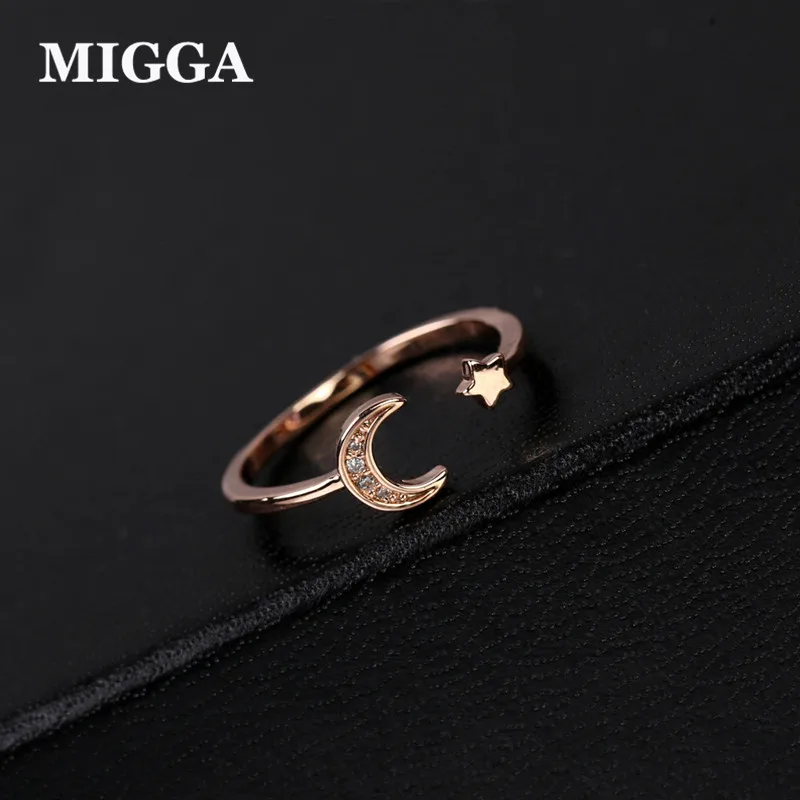 

MIGGA Rose/White Gold Color Mini Star Cute Moon Open Ring for Women Cubic Zirconia Crystal Bague Jewelry
