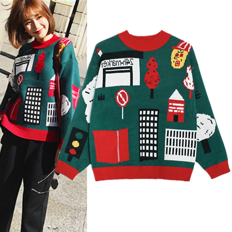 

Runway Brand Designing Women Sweater Retro Vintage Fashion Cute Cartoon Knitting Warm Christmas Casual Tops Soft Sweaters NS172