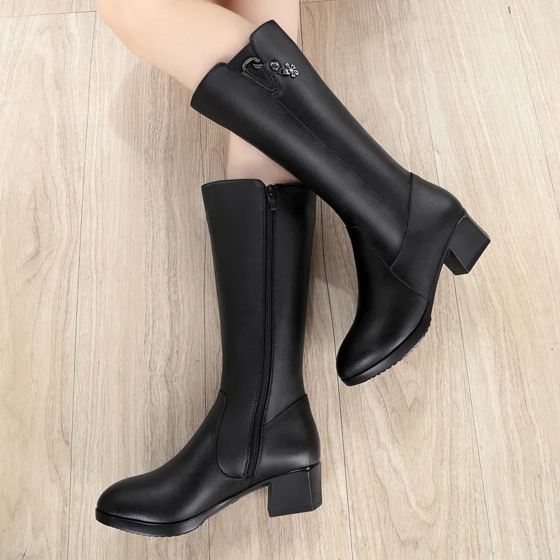 Zipper Noir Haut 6082 Chaussures 35 Med Carré Taille Cuir D'hiver Talon BottesPlus 42 43 Grande Peluche Chaud Courte Drfargo Véritable En Femmes xBeWdorC