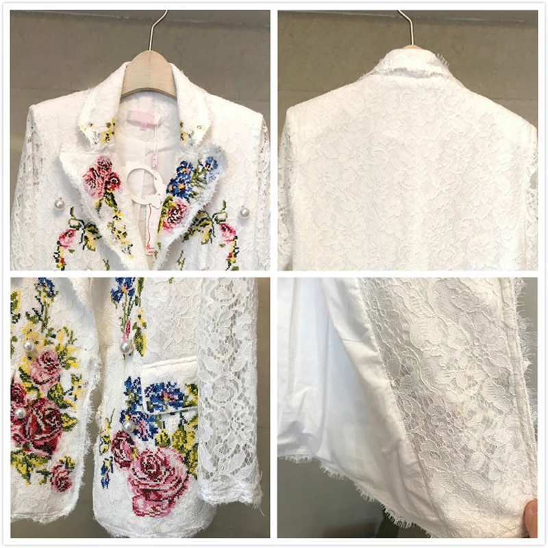 Женская куртка с длинным рукавом белая кружевная весенняя вышитыми жемчужинами
