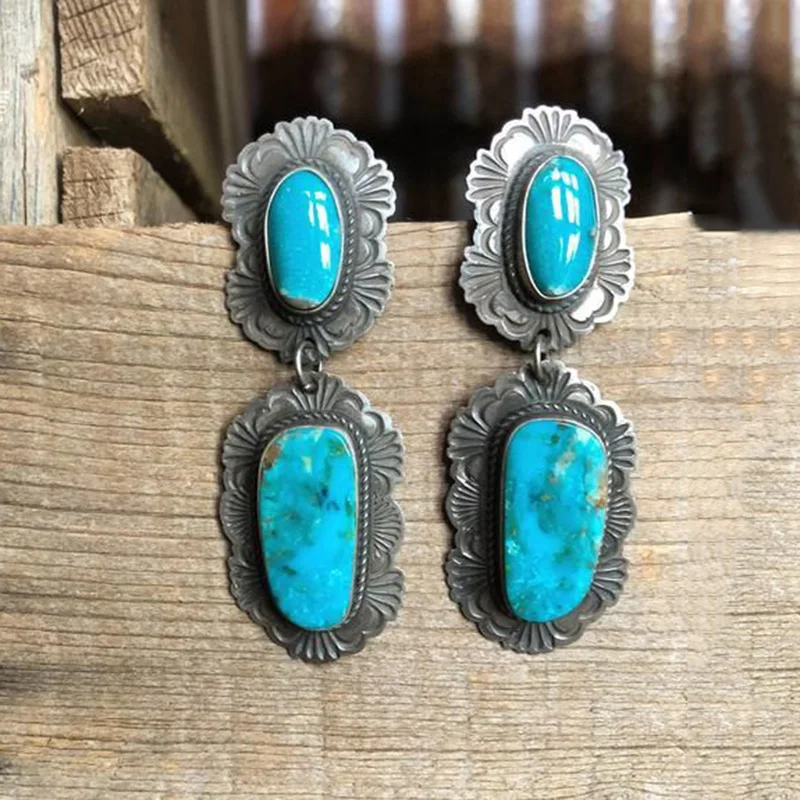 Винтажные висячие серьги из сплава с узором бирюзы для женщин Bijoux Boho Этнические Антикварные Серебряные длинные серьги Модные ювелирные изделия