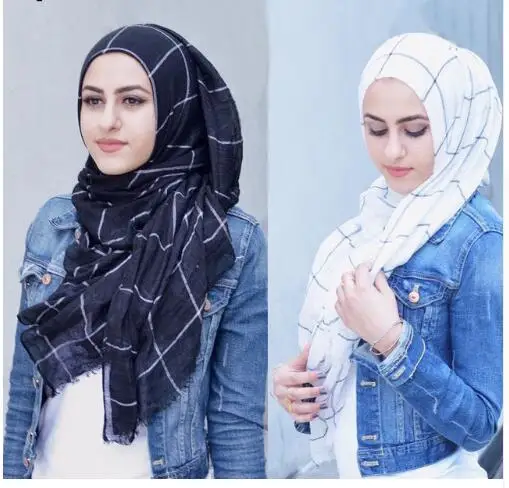 

Spring Cotton Voile Muslim Hijab Maxi Scarf for Ladies Long Cross Strips Black Women Grid Hijabs Viscose Oversize plaid stole