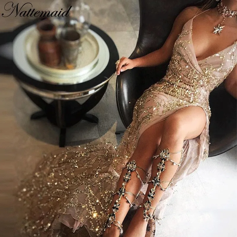 NATTEMAID Fashion Style Women Maxi Dress Sexy Elegant Long Party Dresses Deep V neck Floor Length Gold Sequined Tassels Vestidos