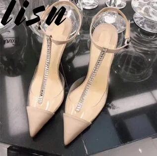 

LISN New Brand Crystal T-Strap HIgh Heels Sexy Pointed Toe Clear Transparent Summer Autumn Pumps Shoes Women