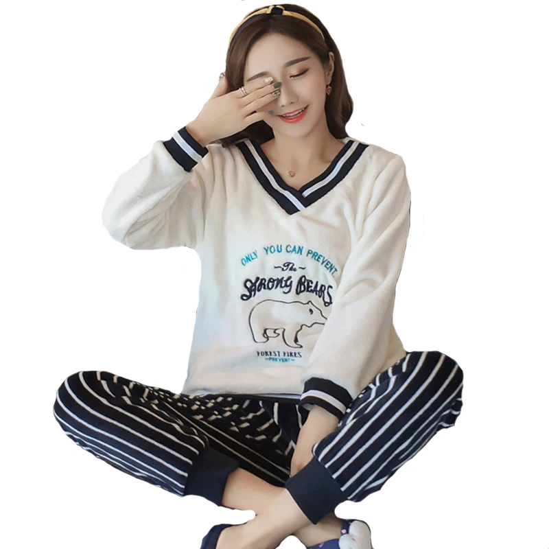 Plus size S-4XL 5XL flannel Pajamas sets winter men thick warm v-neck lover sleepwear women cartoon coral fleece lounge set | Женская