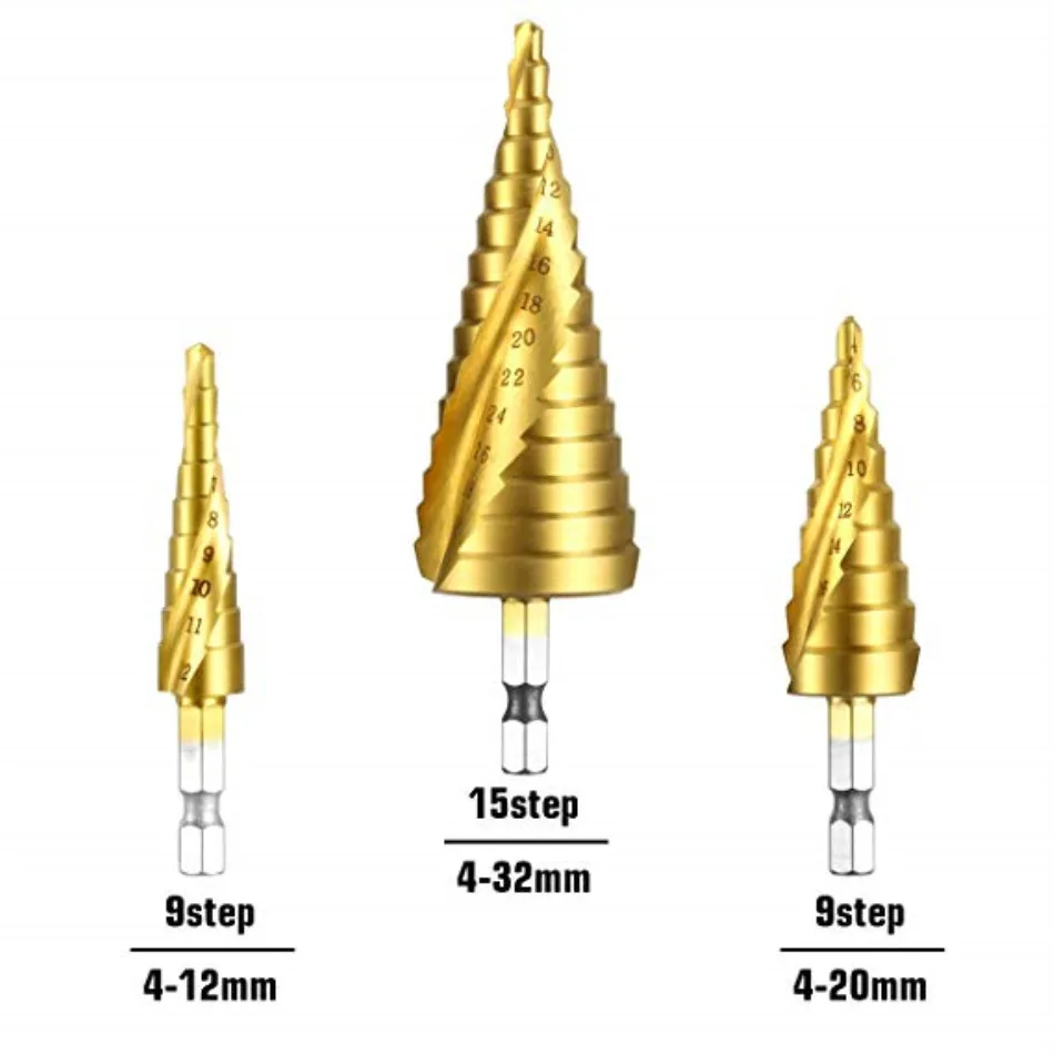 3 шт Hss спиральные конусные сверла, кольцевые резцы, металлические шестигранные ступенчатые сверла, аксессуары для электроинструментов, керн сверла
