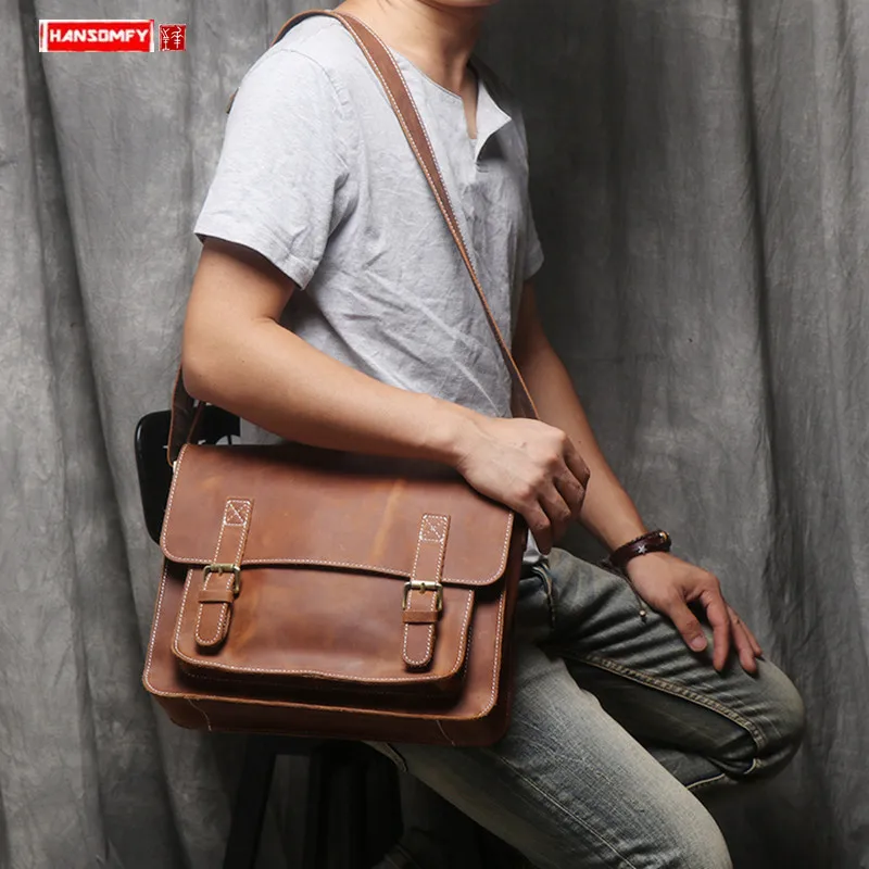 

British retro Cambridge bag leather men's shoulder Messenger bag handmade first layer leather casual postman A4 crossbody bags