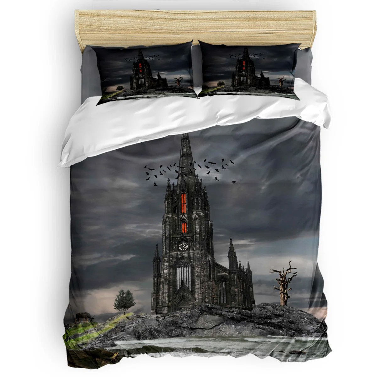 

European Architectural Horror House 4 Pcs Comforter Cover Set 3 Piece Bedding Sets 4 Pcs Bedding Sets Independence Day Machine