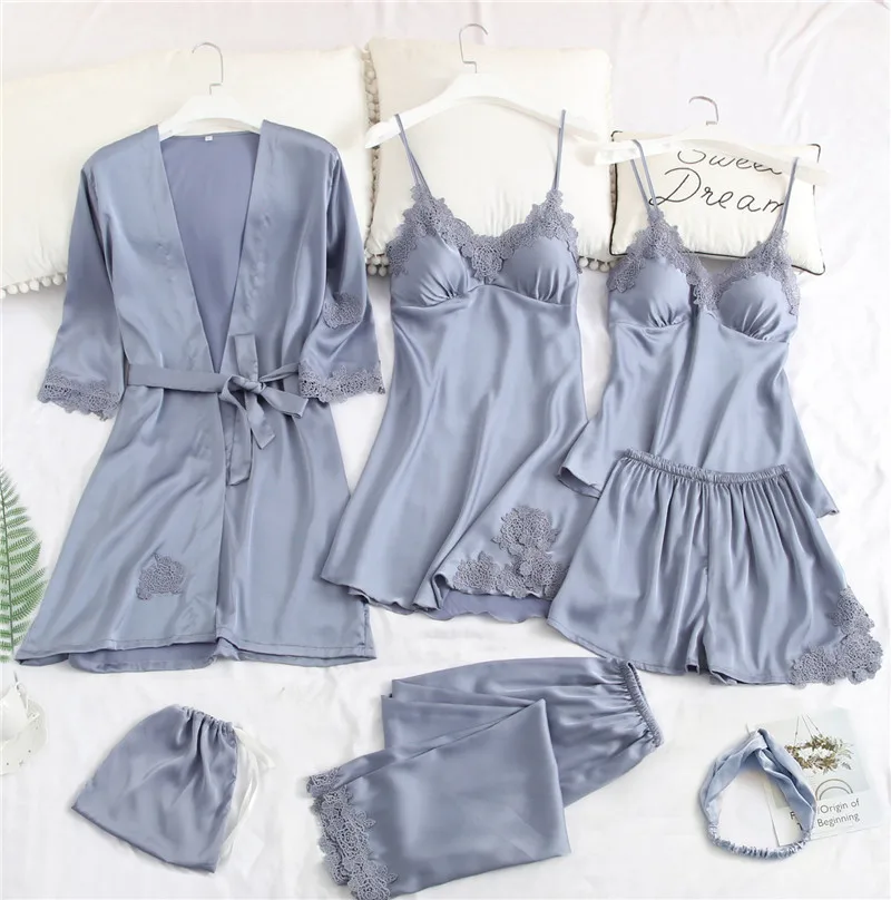 Женские пижамы, 7 шт., розовые пижамные комплекты, Осеннее атласное шелковое белье, домашняя одежда, комплект одежды для сна, пижамы для женщин - Цвет: Grey Blue