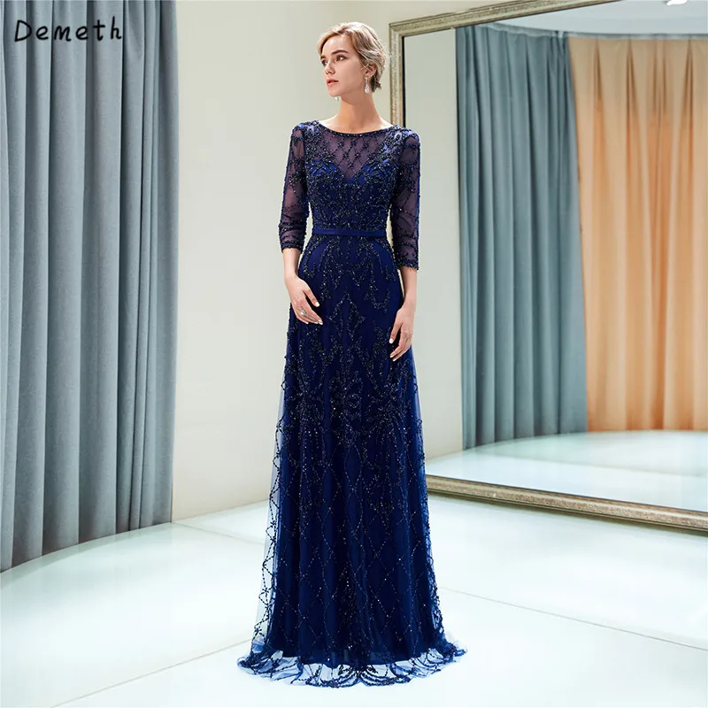 

3/4 Long Sleeve Evening Dresses Saudi Arabia Luxury Beading Formal Dress Plus Size robe soiree dubai