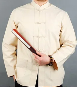 Весенне-осенний мужской Китайский традиционный хлопковый костюм Тан с длинным рукавом, Wu Shu Tai Chi, топ шаолин, кунг-фу, крылышко, рубашка, костюмы - Цвет: Beige