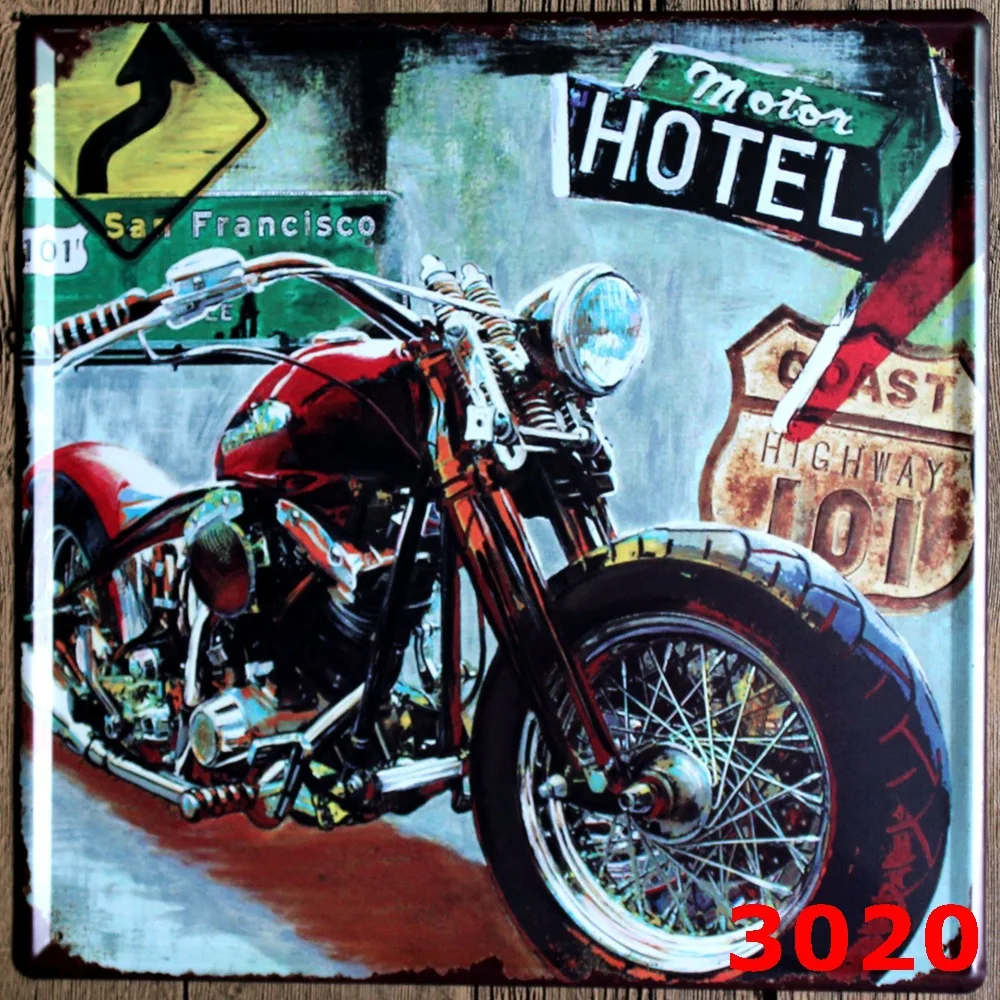 

MOTO HOTEL Tin Sign Metal Plaque Vintage Style Wall Sticker PUB House Metal Painting Tin Sign House Decor 30*30CM