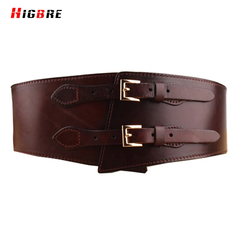 Fashion Double Belt Buckle Women Waist Belt Genuine Leather Pure Brown