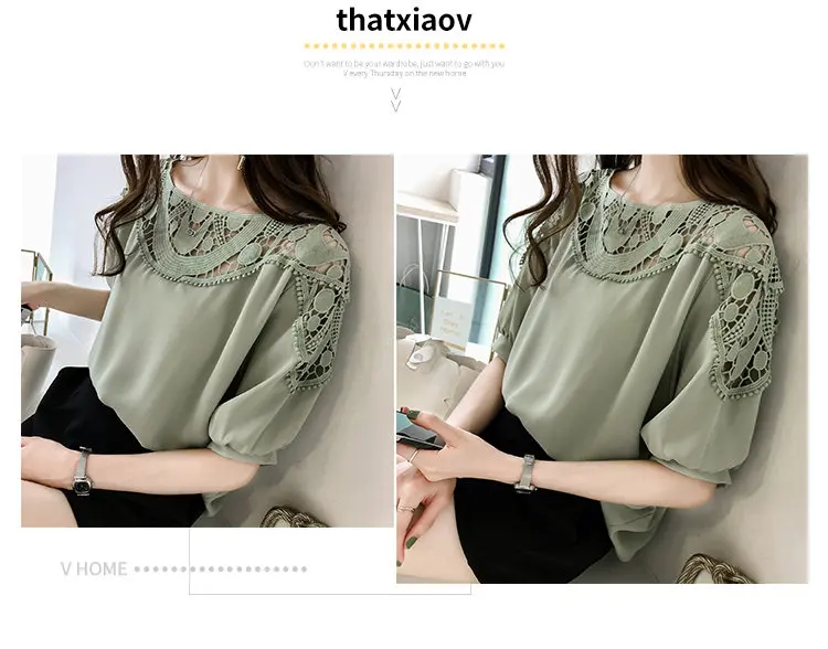 New Summer Tops Large Size Chiffon Blouses Women Korean-style Hollow Lace Patchwork Shirts Femme Casual Short Sleeve Blusas Mujer De Moda 2019 (4)