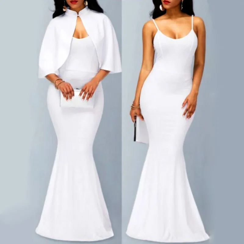

iRicheraf New Vestidos De Festa Party Night Club Dresses Sexy Bodycon Maxi Solid Spaghetti Strap Long Mermaid Dress With Cape