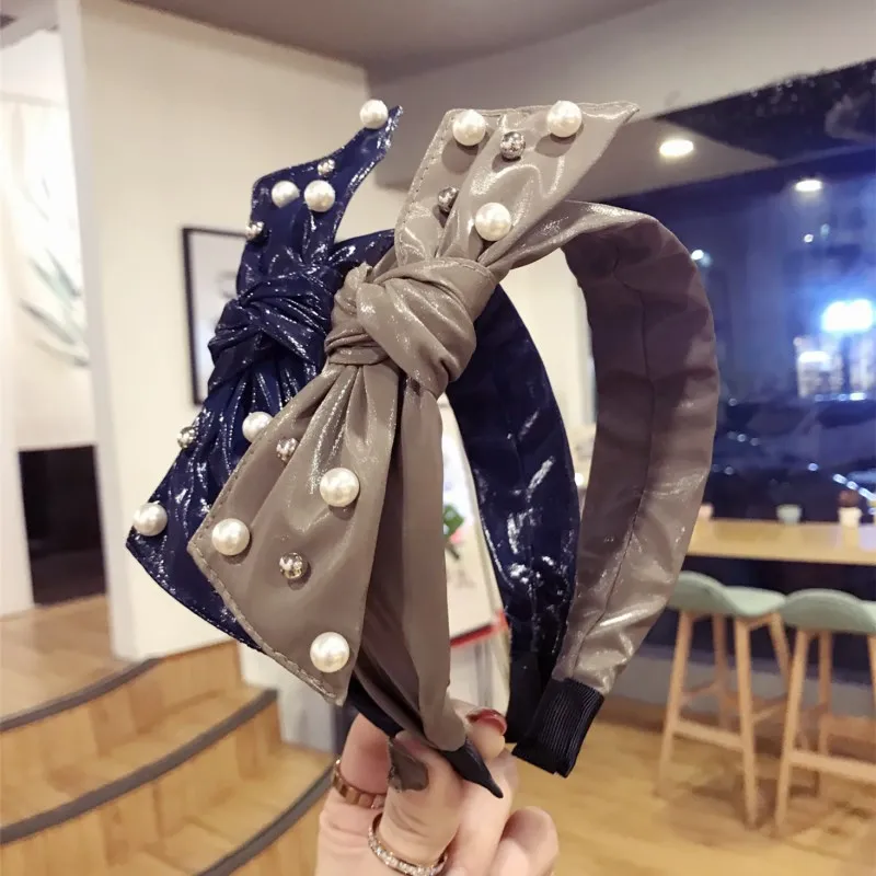 

Korea High Quality Leather Bunny Retro Hair Accessories Hair Band Hair Bows Flower Crown Headbands For Women Pearl Hairbands