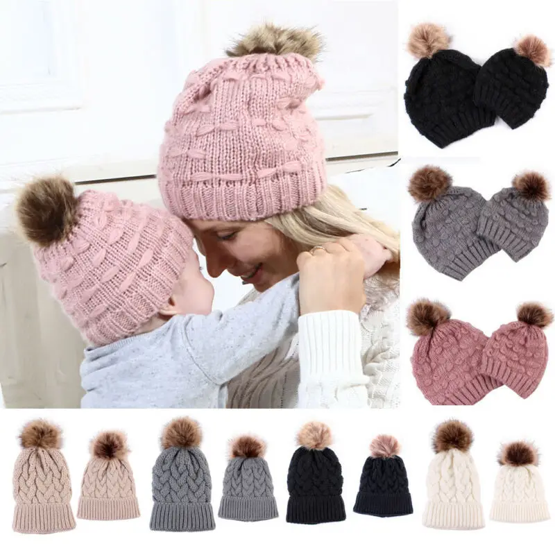 

Family Matching Hats Mom&Baby Daughter/Son Warm Knit Hats Family Knitted Crochet Wool Pom Bobble Fur Beanie Ski Warm Beanie Cap