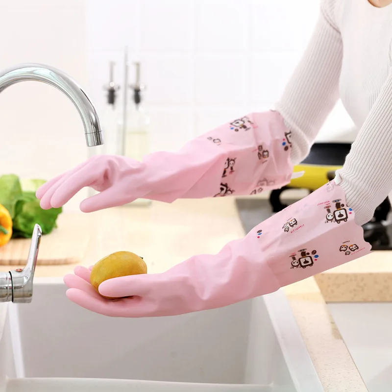 Прочные резиновые перчатки для мытья посуды, бытовые водонепроницаемые и бархатные перчатки с длинным рукавом для очистки, кухонные противомасляные пластиковые перчатки