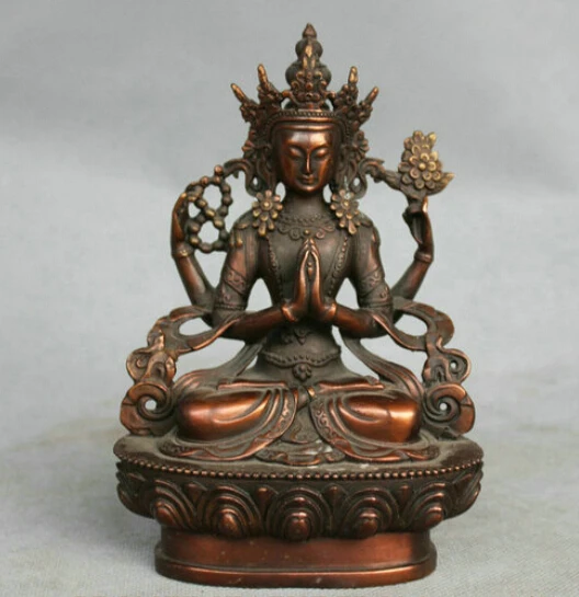

6" China Tibet 4 Arms Kwan-yin Guanyin Chenrizig Buddha Statue R0712