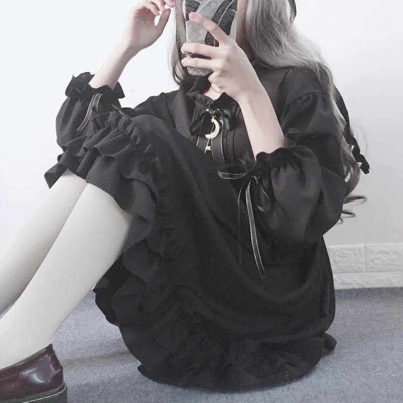2018 японское милое модное черное платье для женщин Корейское Kawaii кружевное с
