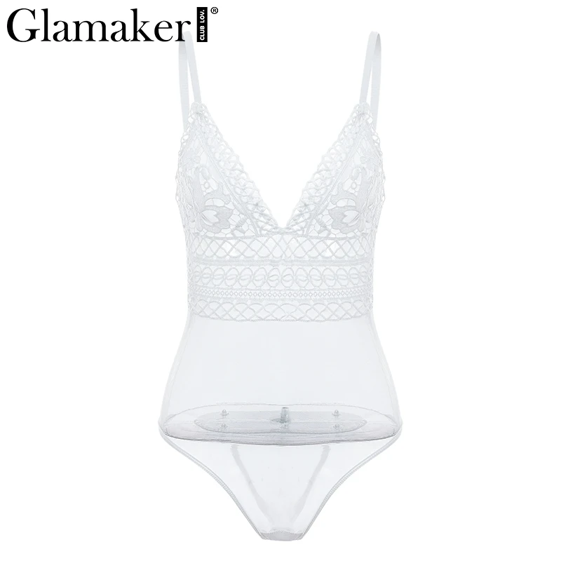 Glamaker Sexy lace transparent mesh bodysuit Women jumpsuit white bodycon black backless bodysuit Female summer bodysuit ladies