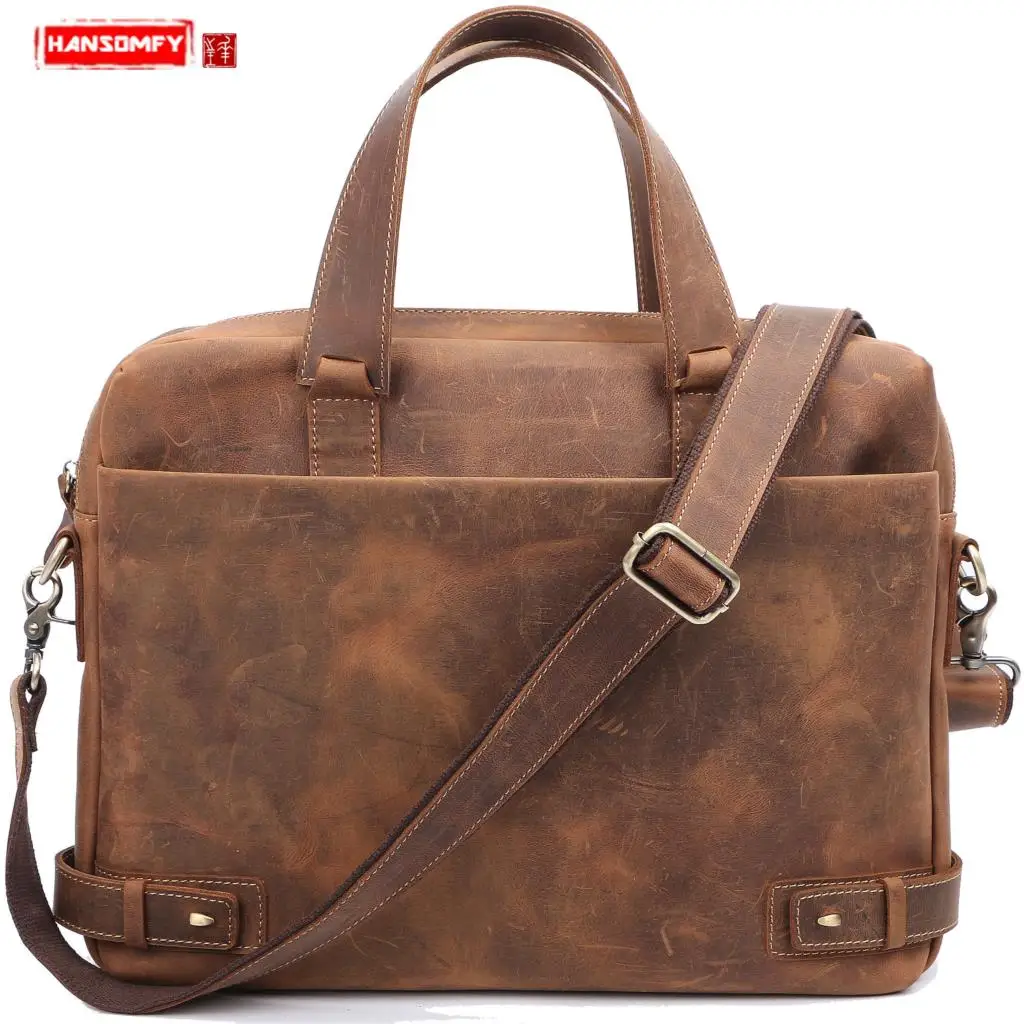 

BJYL 2018 new men's handbag Genuine leather business briefcase casual fashion shoulder slung Retro men messenger 14" Laptop bag