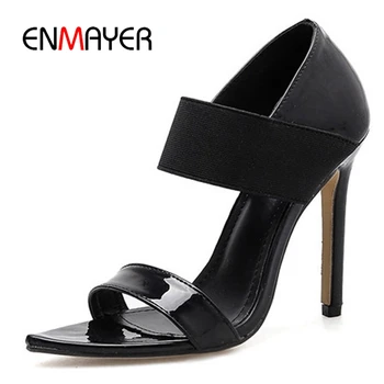 

ENMAYER Women High Heel Sandals Fashion Black Beige Basic Dress Slip-On High Heels Women Genuine Leather Size 34-43 LY1231